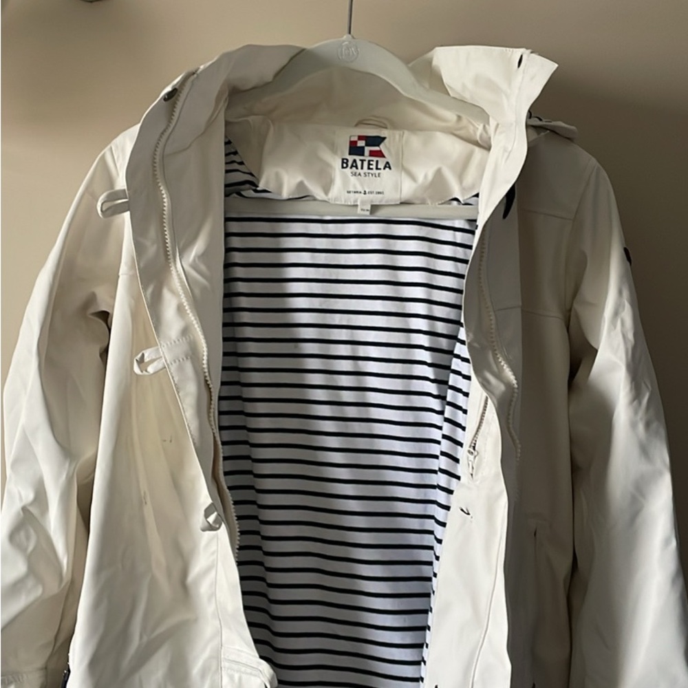 Batela White Hooded Rain Jacket with Striped Lining from France
